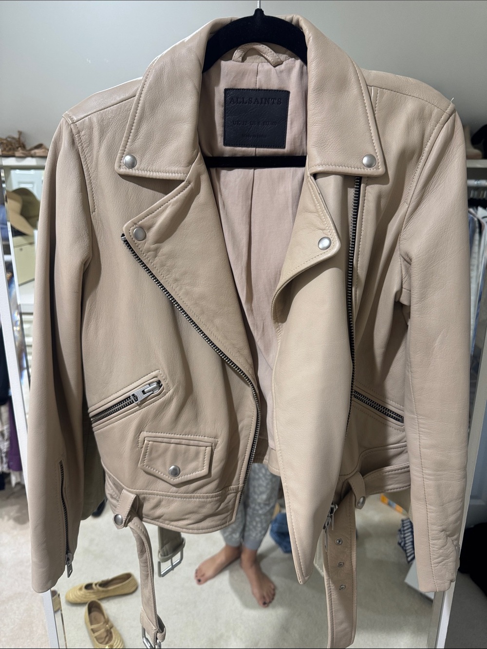 AllSaints Neutral Beige Leather Biker Jacket